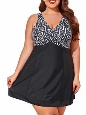 NWT Plus Size 3XL Swim Dress One Piece Swimsuit Black/White Retro Tummy Control